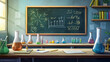 © Sahraya - Chemistry cabinet, empty classroom laboratory interior with chemical formula on blackboard, beakers for experiments on desk, furniture and school supplies. Educational room cartoon vector illustration