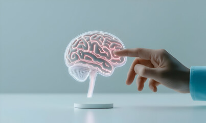 Poster - Hand Pointing at 3D Neon Brain Model on Minimalist Background