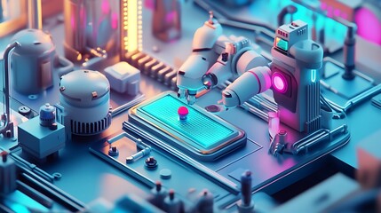 Poster - Close-up view of futuristic robotic arms performing a precision assembly in a nanotechnology lab.