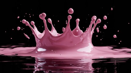 Poster - Pink liquid splash creating a crown shape on reflective surface against black background, dynamic and artistic nature concept