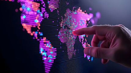 Poster - Hand Interacting with Digital Map of the World in Bright Colors