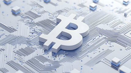 Poster - Bitcoin Symbol on Digital Circuit Board Background in Futuristic Style