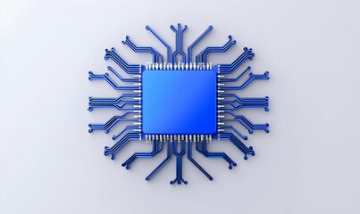Poster - Blue Microchip with Circuit Lines on Light Gray Background