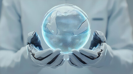 Poster - Futuristic Scientist Holding Holographic Globe in High-Tech Laboratory