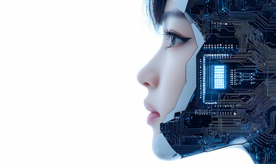 Poster - Futuristic Female Robot Face with Circuit Board Design and Lights