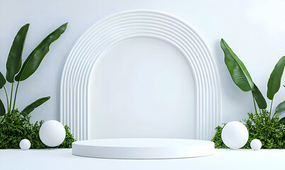 Poster - Modern White Stage with Green Plants and Artistic Circular Design