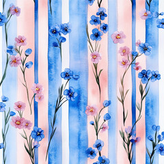 Wall Mural - A watercolor painting of flowers with blue and pink stripes