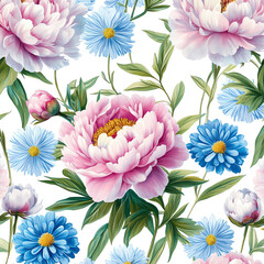 Wall Mural - A beautiful flower pattern with blue and pink flowers and green leaves