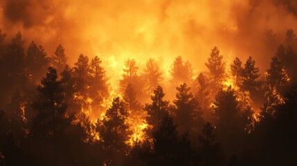 Poster - Forest ablaze with flames and smoke, highlighting the devastation of wildfires under a fiery sky. Generative AI