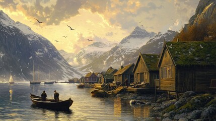 Poster - Majestic fjord landscape with wooden houses and boaters at sunset in a serene natural environment. Generative AI