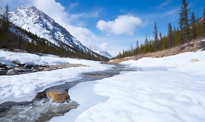 a river that begins as a frozen stream but becomes a torrent of water below. generative ai