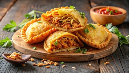 Wall Mural - Crispy fried dough filled with shredded chicken and spices, popular snack