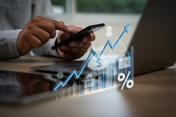 Poster - invest money finance businessman holding phone growth progress dollar loan