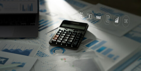 Poster - Businessman calculating Accounting financial research Tax money deduction planning Income investment Statement. paying the tax rate document form paperwork