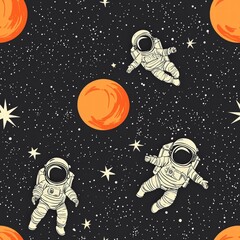 Poster - Astronaut floating in space surrounded by a distant colorful planet against a starry background