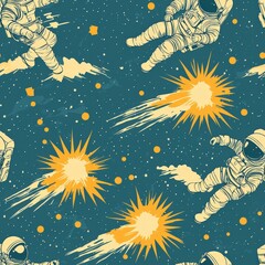 Poster - Astronaut in the depths of space near a rocket with a distant planet glowing in the background