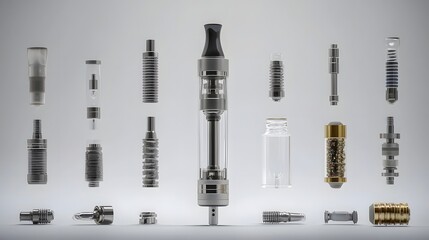 Poster - A detailed high contrast image of a deconstructed vape pen or e cigarette with each individual component   including the atomizer coil wick tank