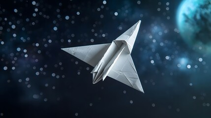 Poster - A digital or 3D render of a paper airplane shaped like a modern space shuttle gliding gracefully through a cosmic themed backdrop filled with stars galaxies and nebulae