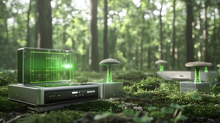 Poster - A digital rendering showcasing advanced gamma ray detection equipment scanning and monitoring radiation absorbing and metabolizing fungi growing in a lush verdant forest environment