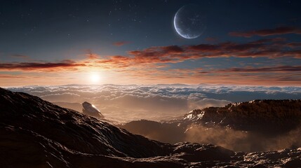 Poster - A futuristic interstellar observatory situated on the surface of the exoplanet Proxima b observing the wonders of distant galaxies and the cosmic landscape under a dramatic sunset and moonrise