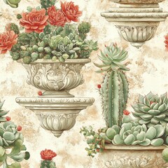 Poster - Eye-catching wallpaper design featuring cacti and playful sus characters in a fun arrangement