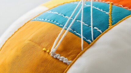Poster - A macro close up photograph showcasing the intricate stitching and complex textile texture of a colorful balloon fabric material  The image highlights the intricate geometric patterns vibrant colors