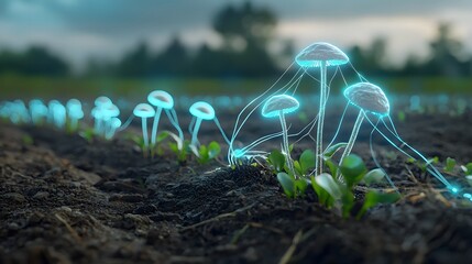 Aufkleber - A mesmerizing and surreal landscape depicting bioluminescent fungi growing in a forest absorbing and emitting the energy from gamma rays showcasing the remarkable metabolic processes of nature