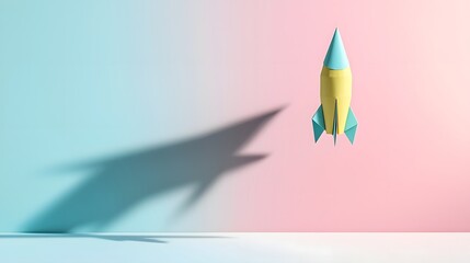 Fototapete - A minimalist paper rocket hovering mid air with a soft pastel shadow cast on the background evoking a sense of imagination flight and futuristic technology