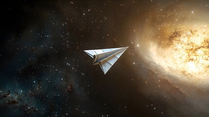 Poster - A paper airplane folded to resemble a satellite gracefully floating through an abstract colorful galaxy filled with shimmering stars and cosmic phenomena  This futuristic