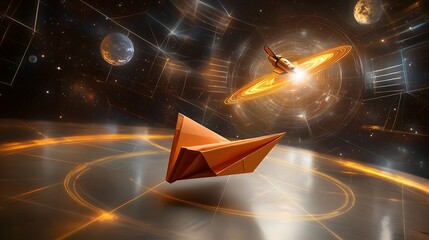 Poster - A paper airplane shaped like a futuristic spacecraft gracefully gliding through a cosmic themed backdrop filled with stars nebulae and other celestial elements