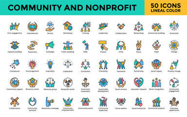 Poster - Community and Nonprofit icons set with civic engagement, volunteerism, service, workshops, training, leadership, collaboration, networking, community building icon. Simple lineal color vector 
