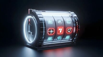 Poster - A photo of a futuristic holographic slot machine concept glowing with vibrant virtual symbols and a high tech digital interface  The slot machine features a modern sci fi design with a sleek