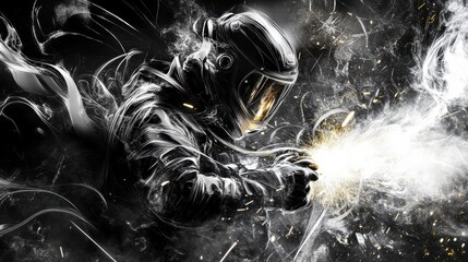 Poster - Dynamic Astronaut in Space with Explosive Energy Release and Artistic Black Background
