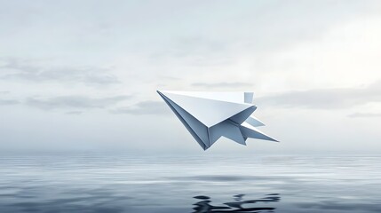 Aufkleber - A sleek origami style paper rocket with futuristic edges hovering above a reflective surface showcasing a digital minimalist and conceptual design