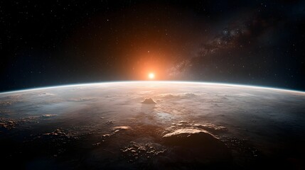Poster - A stunning and imaginative rendering of the surface of the exoplanet Proxima b orbiting the nearby red dwarf star Proxima Centauri  The scene depicts a rocky