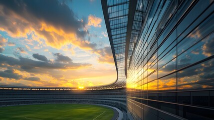 Poster - Architectural of a futuristic sports stadium with a curved glass roof bathed in the radiant glow of a dramatic golden sunset sky  The sleek