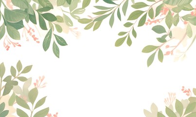 Wall Mural - green leaves snd floret watercolor background invitation template, greeting card, ppt, wedding, gene