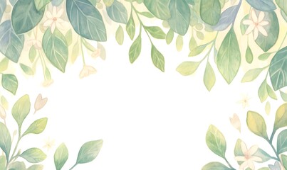 Wall Mural - green leaves snd floret watercolor background invitation template, greeting card, ppt, wedding, gene