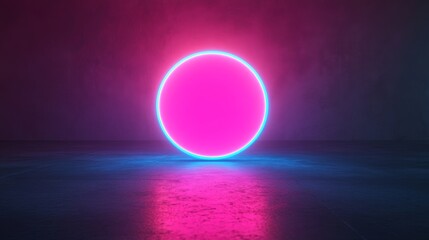Aufkleber - Neon pink circle with blue glow on dark grunge background and reflective floor. Futuristic abstract digital art scene, modern design concept.