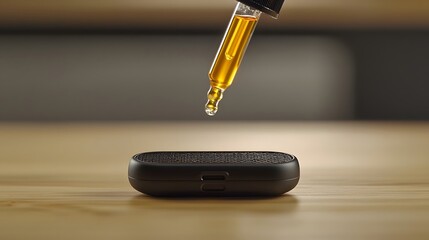 Aufkleber - Close up view of the refill process for an e cigarette or vape device showing a dropper bottle dispensing e liquid or vape juice over an open vape pod or tank  Concept of vaping nicotine consumption