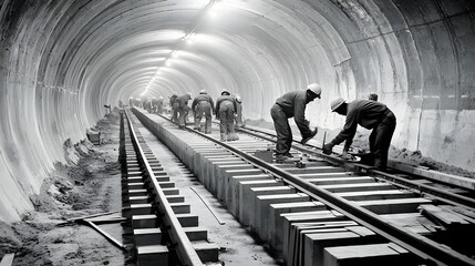 Aufkleber - Close up view of workers assembling reinforced concrete segments inside a railway tunnel during an active construction project