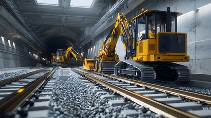 Poster - Closeup view of automated heavy machinery and equipment laying railway tracks inside a newly excavated underground tunnel during a large scale construction project