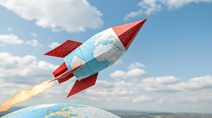 Poster - Creative paper rocket folded from detailed world maps and atlases soaring high above a digital globe with continents and oceans representing the spirit of technological innovation