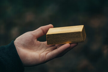 Poster - hand gently holds gold bullion bar, symbolizing wealth and investment potential. bar shiny surface contrasts with natural background, highlighting its value and allure