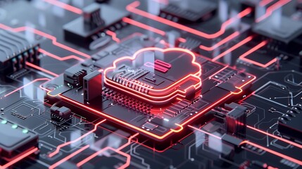 Poster - A 3D visualization of a secure cloud storage system, with data packets flowing safely into a protected server, surrounded by glowing encryption symbols, clean and modern