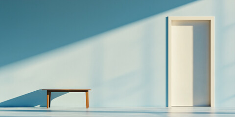 Poster - modern minimal room with single table and geometric shadows on light blue wall, creating serene atmosphere