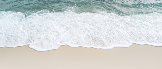 Poster - peaceful ocean background with gentle waves lapping onto sandy beach, creating serene and calming atmosphere. soft foam of waves contrasts beautifully with smooth sand