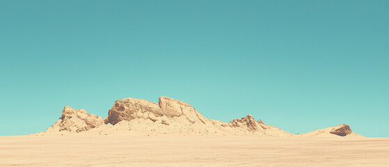 Poster - vast desert landscape with gentle slope features solitary rock formation under clear blue sky, evoking sense of tranquility and isolation