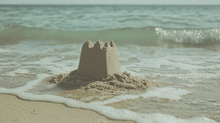 Poster - sandcastle stands on beach as gentle waves approach, creating serene coastal scene
