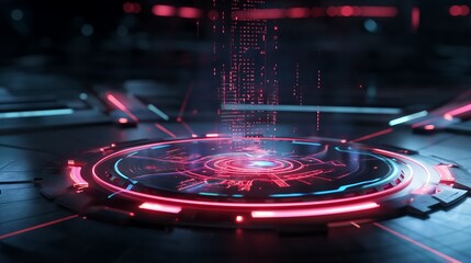 Poster - A futuristic virtual display showing a glowing network of interconnected nodes, representing cybersecurity, with holographic firewalls and data encryption, dark background with neon accents